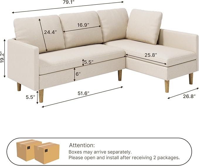 Gizoon 4-Seat Sectional Couch, Convertible Sofa Bed, 79.1'' L-Shape Sofa Bed, with Comfortable Fabric, Deeper Seat, Comfy Seat Cushion, for Living Room, Apartments, Office, Beige