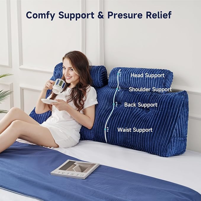 Z-hom King Size Wedge Headboard Pillow with 2 Roll Cushions, Large Reading Pillow for Bed Sitting Up, Triangular Backrest Cushion for Headboard, Supportive Pillow for Back Pain Relief, Blue
