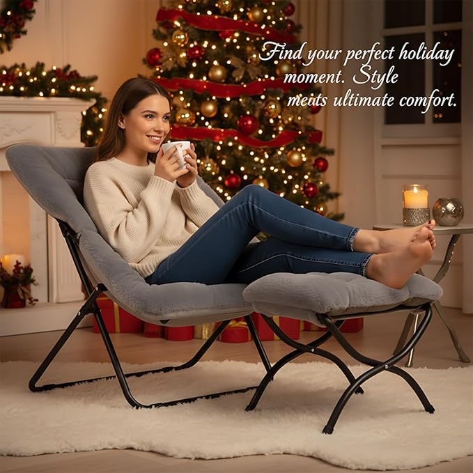 Givjoy Comfy Folded Chair with Ottoman, Oversized Folding Faux Fur Chair Soft Furry Lounge Lazy Chair with Metal Frame Moon Chair Accent Chair for Bedroom, Living Room, Dorm Rooms