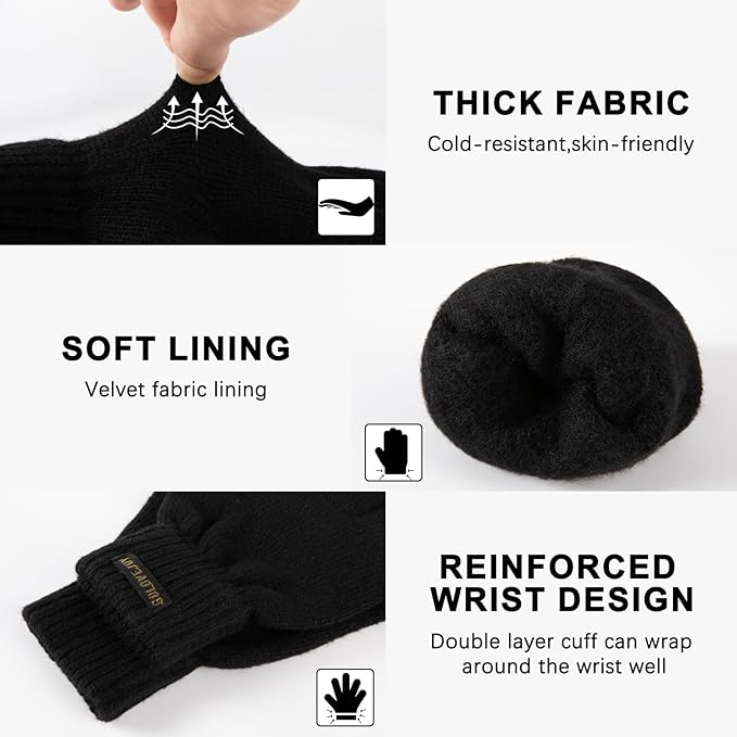 Winter Wool Gloves for Men Warm Knitted Touchscreen Cold Weather Gloves for Running Driving