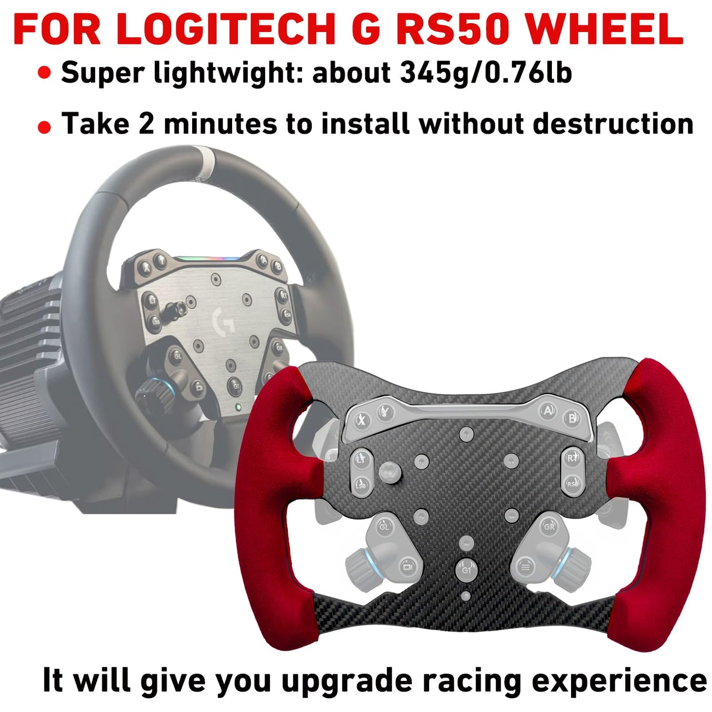 F1 Formula Real Carbon Fiber Wheel Mod For Logitech G PRO SIM Racing Wheel ; Replace Supper lightweight Compatible with Logitech G RS RS50 System Hub Shifter With Suede Grip (12 INCH GT Red Suede)