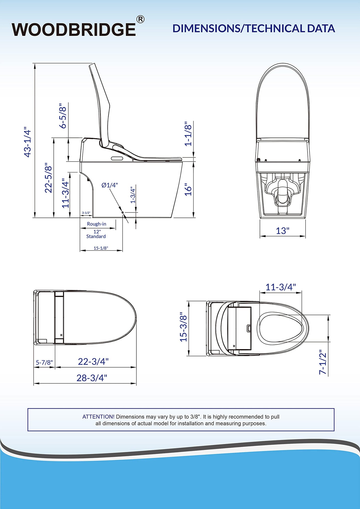 WOODBRIDGE B0960S Auto Flush, Auto Open & Auto Close, 1.28 GPF Single Flush Toilet with Smart Toilet Seat and Wireless Remote Control, Chair Height