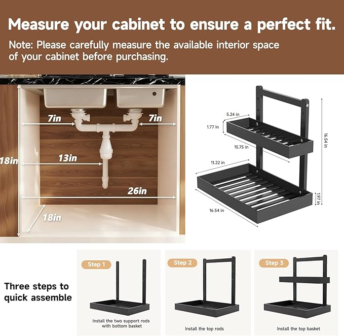 Bamboo Under Sink Organizer - 2 Tier Pull Out Cabinet Shelves with Adjustable Height, Undersink Storage Slide Out for Kitchen Bathroom Cabinet Pantry Black