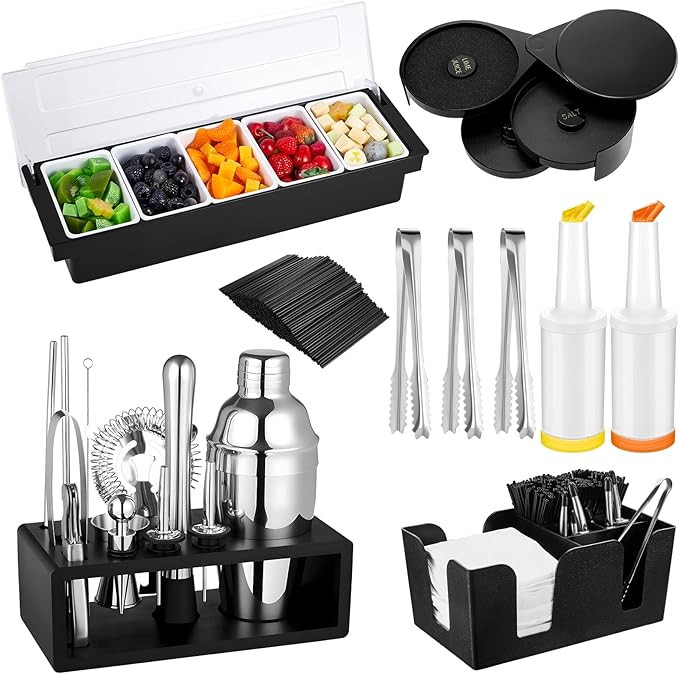 Mifoci 23 Pcs Bartender Supplies Kit Garnish Tray for Bartenders with Bar Caddy 3 Tier Salt Rimmer 13 Pcs Cocktail Shaker ...