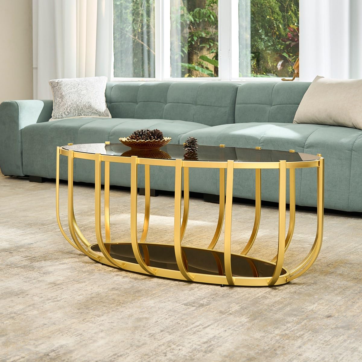 AGV LIGHTING Oval Glass Coffee Table with Gold Metal Frame, Modern Glam Glass Coffee Table, Amber Tempered Glass Top with Lower Mirrow Glass Shelf, Modern Gold Coffee Table for Living Room