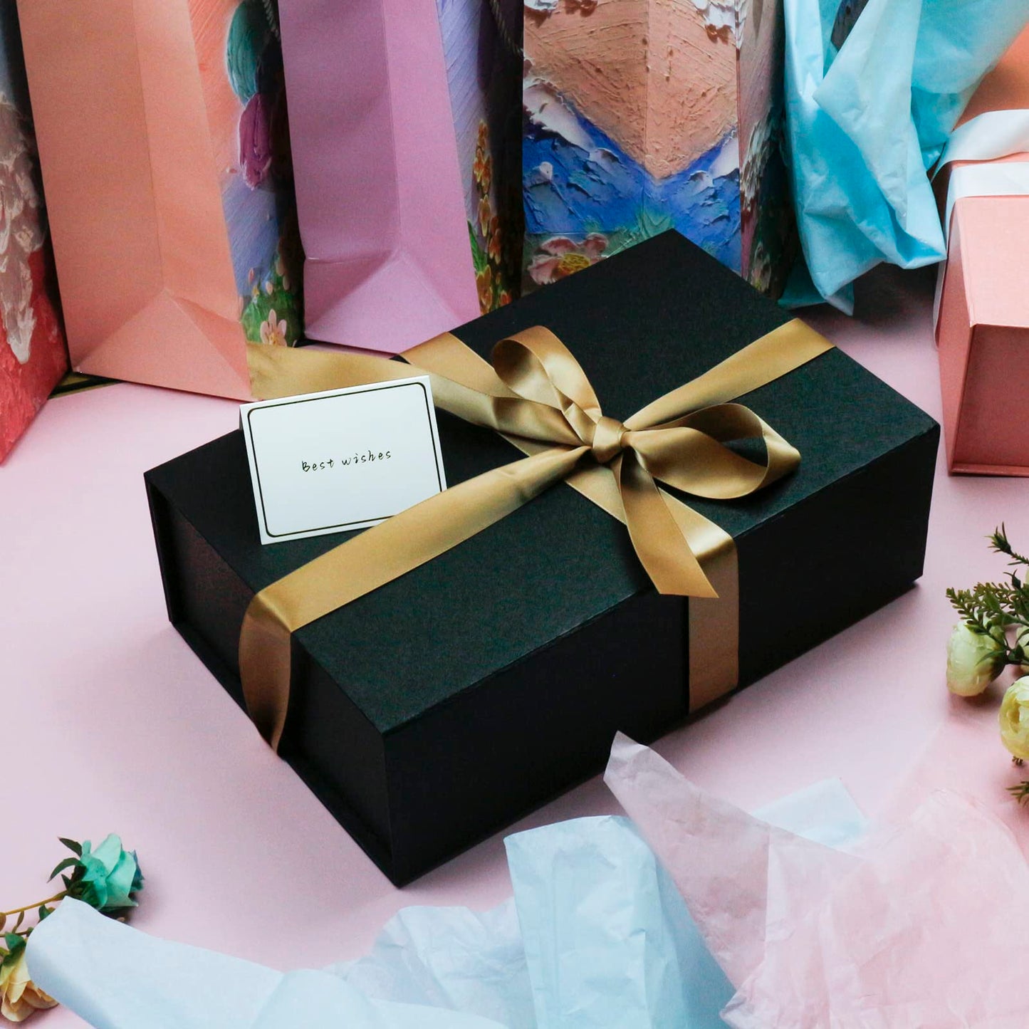 YINUOYOUJIA 5 Pack Large Black Gift Box with Lid,14"x9"x4.5" Magnetic Gift Boxes with Ribbon,Cards and Envelopes for Presents,Great for Wedding,Birthdays,Crafting,Gift Packaging.