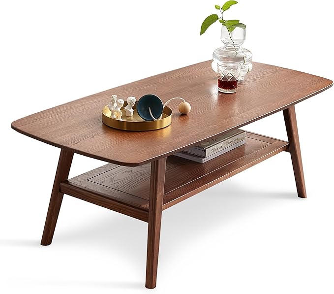 QKFF Modern Solid Wood Coffee Table, 2-Tier Small Wooden Coffee Table with Storage Shelf for Living Room, Apartment, Office, Walnut (48''D x 22''W x 18''H)