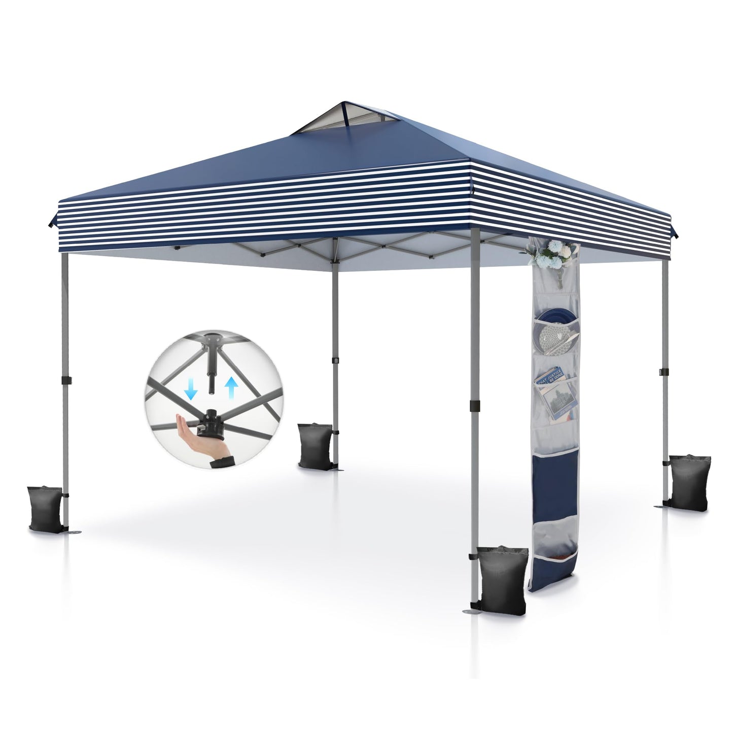 PHI VILLA 10’x10’ Pop Up Canopy Tent - One Push Setup, Instant Shade Tent with Vented Roof for Beach & Events - Includes Storage Bag, Sandbags, Stakes & Ropes (Navy Stripe)
