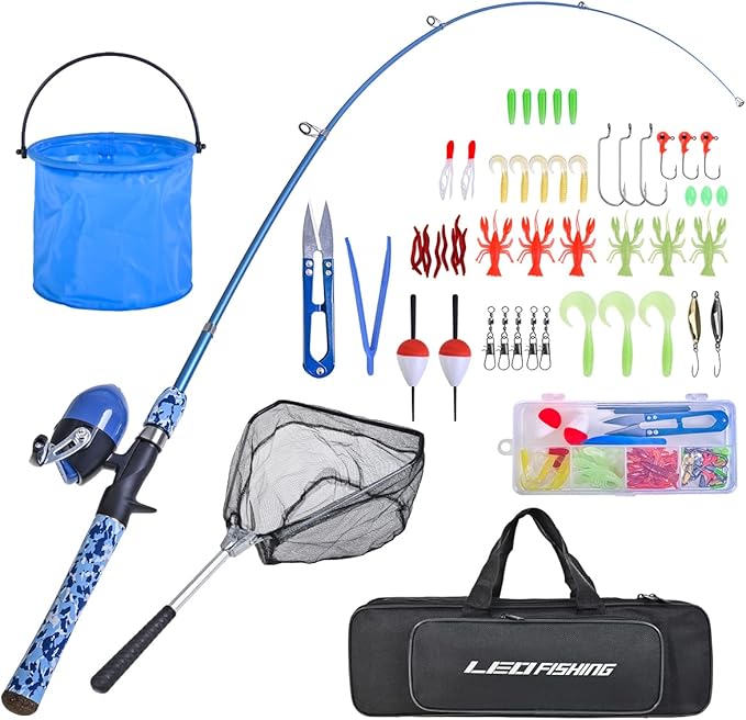 LEOFISHING Kids Fishing Pole Set with Full Starter Kits Portable Telescopic Fishing Rod and Spincast Reel with a Fishing N...