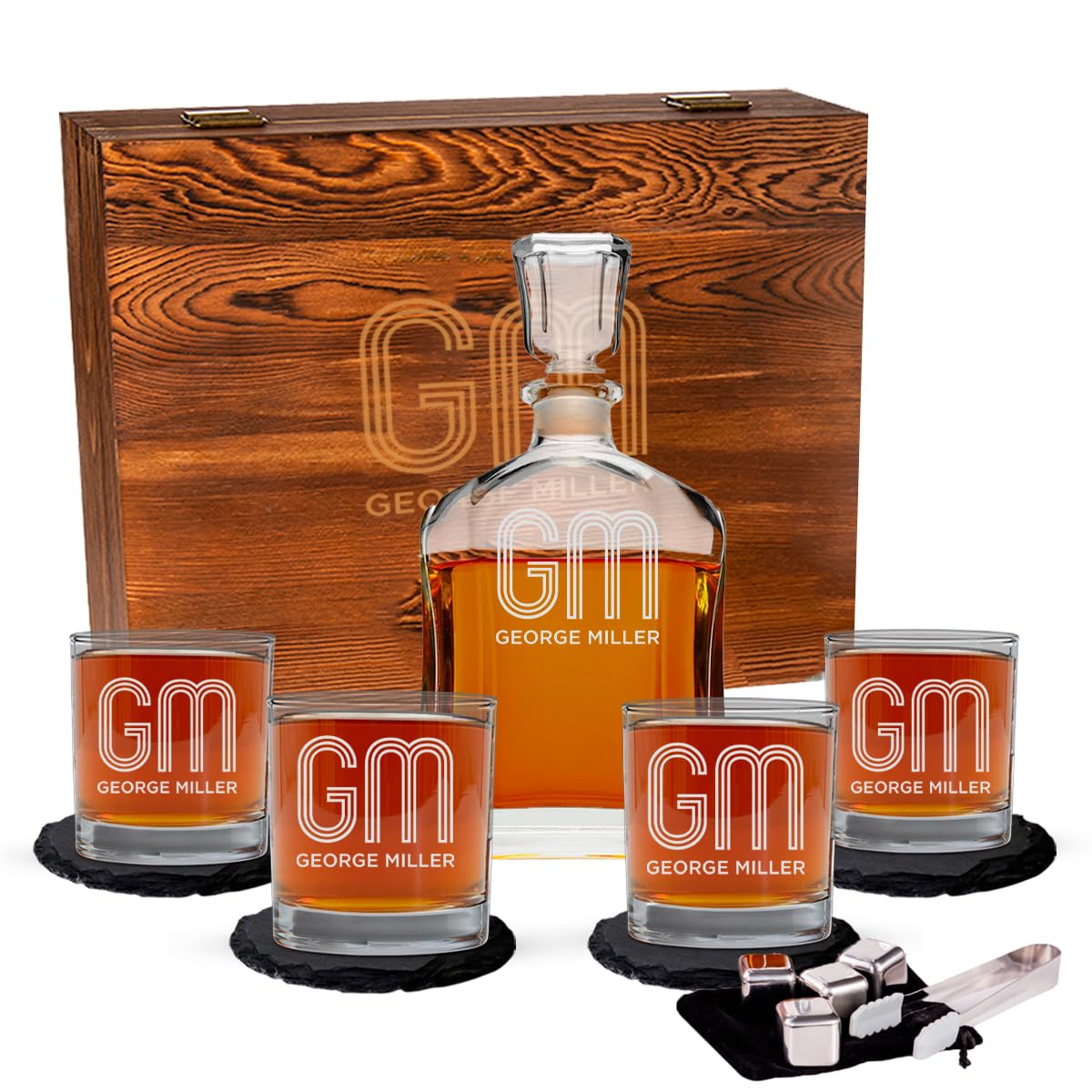Personalized Whiskey Decanter Set for Men - 9 Design Options - Engraved Liquor Decanter Sets with Scotch Glasses - Gift Set for Him, Dad - Premium Set Includes Whiskey Stones - by Froolu Monogram