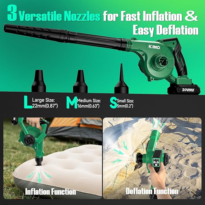 K I M O. Cordless Leaf Blower and Vacuum Combo 4 In 1, 3 Nozzles for Inflation and Deflation, 190MPH, Control Panel with 3 Speeds, 20" Extended Tube, 2 Pack Battery Operated Leaf Blowers for Lawn Care