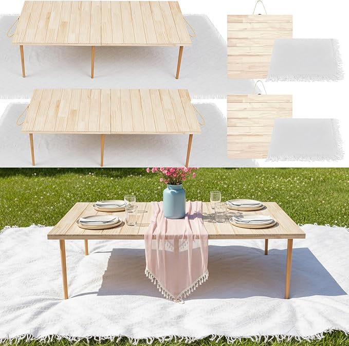 Hahafelt 2 Set Low Picnic Table, Foldable Boho Picnic Table with Extra Large Outdoor Camping Blanket Portable Boho Wood BB...