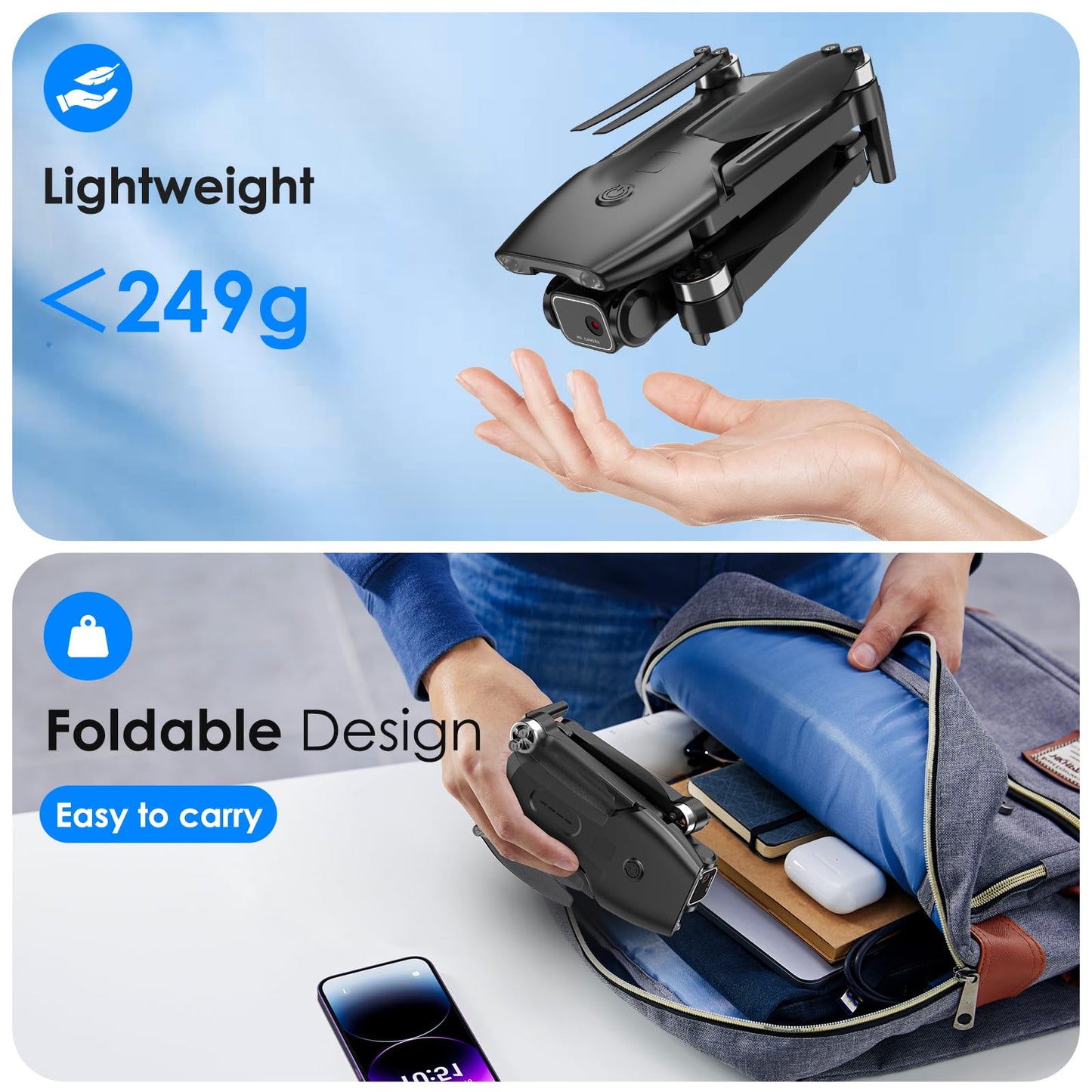 Drone with Camera, 1080P FPV Foldable Drone with Brushless Motor, One Key Take Off/Land, Altitude Hold, 360° Flip, Gravity Control, 2 Batteries, 3 Speeds Mini Drone for Kids Beginners
