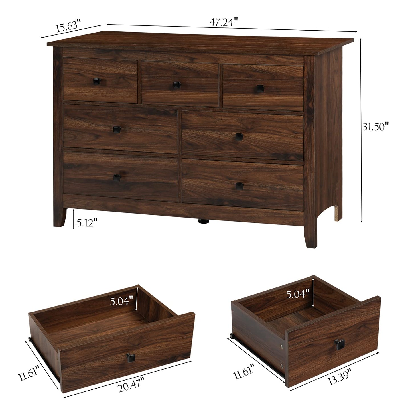 Vikiullf Dresser and Nightstand Set - 3 Pieces Bedroom Set with 7 Drawer Dresser and 2 Drawer Nightstands, Wooden Dresser and Nightstands for Bedroom, Brwon Wood Grain