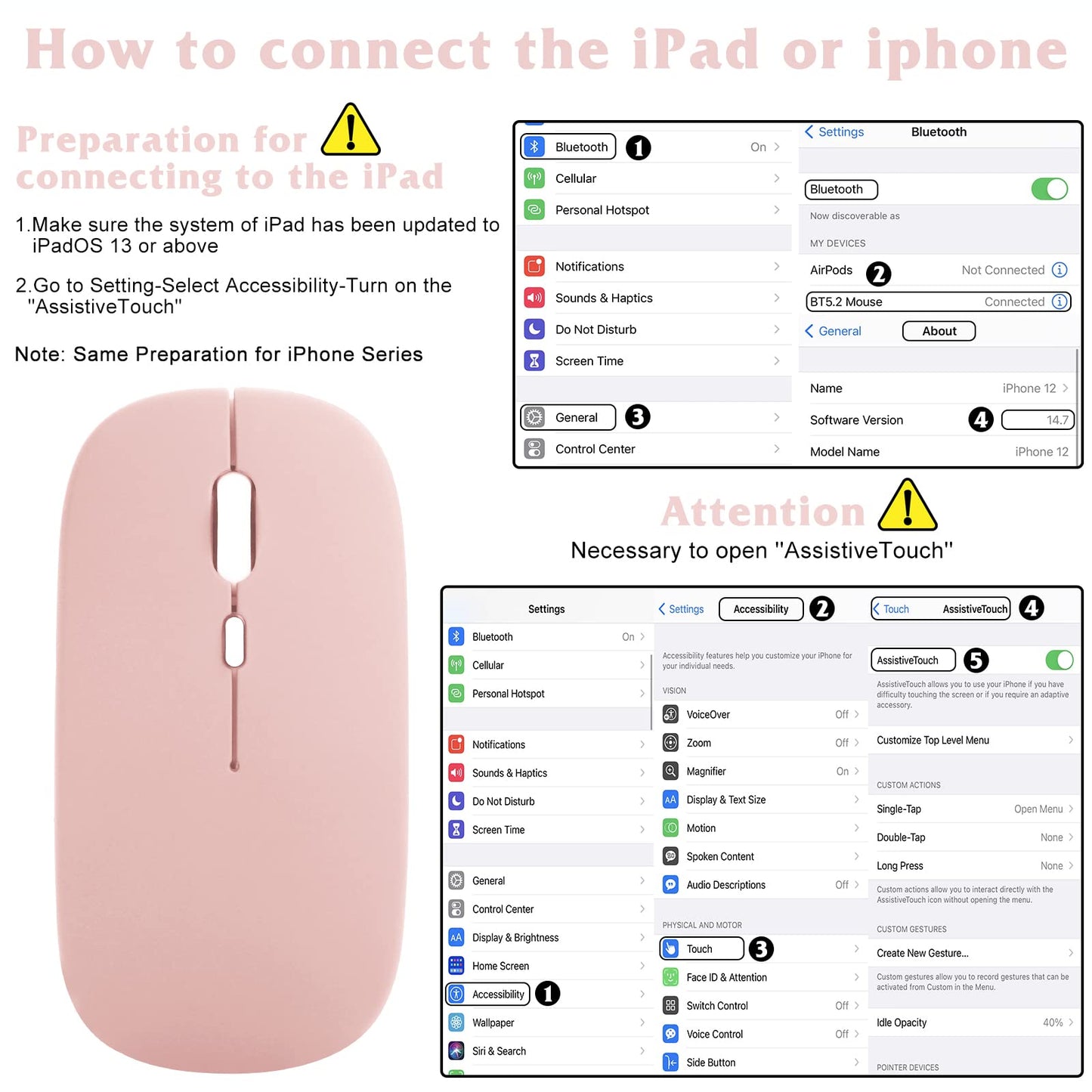 Urbanx 2.4Ghz & Bluetooth Wireless Mouse, Rechargeable For Laptop/Pc/Mac/Ipad Pro/Tablet/Android - Flamingo Pink