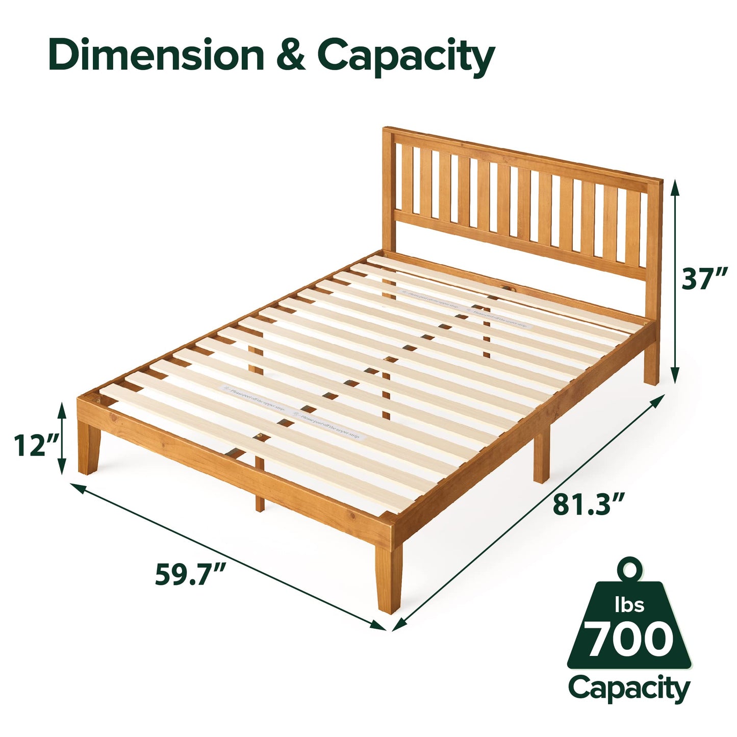 Zinus 12 Inch Solid Wood Platform Bed with Headboard/No Box Spring Needed/Wood Slat Support/Rustic Pine Finish, Queen