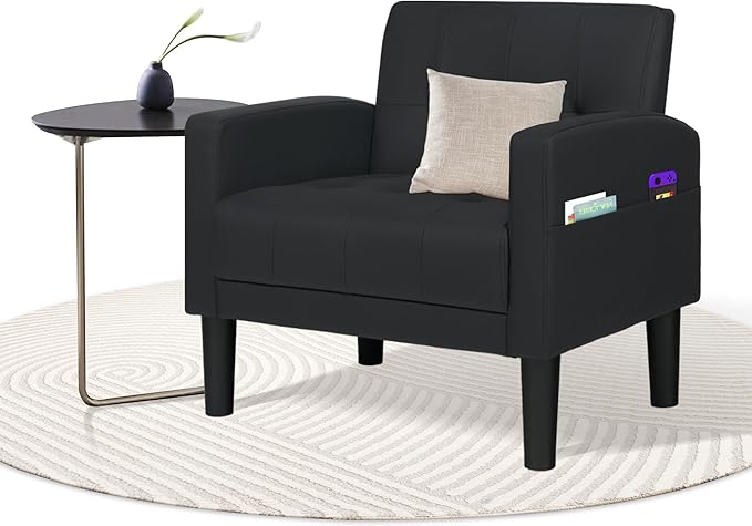 TYBOATLE Accent Chair, Living Room Chairs, Cozy Tufted Mid Century Modern Black Accent Chairs with Arms for Bedroom, Comfy Reading Arm Chair,Small Chairs for Small Spaces,Living Room,Office (1, Black)