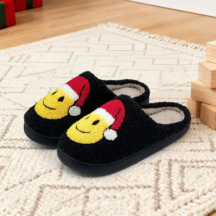 Christmas Slippers For Men and Women, Retro Fuzzy Smile Face Slipper Cozy Furry Plush Happy Cozy Non-slip House Slippers F...
