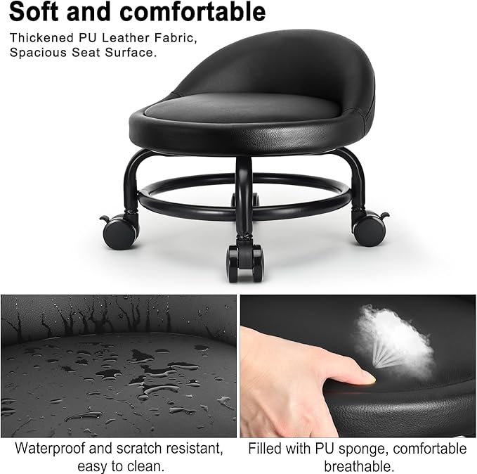 LWADALN Rolling Stool with Backrest Low Height Rolling Stools, Low Roller Stool Chair, Roller Seats for Home, Office, Garage, Shop, Library