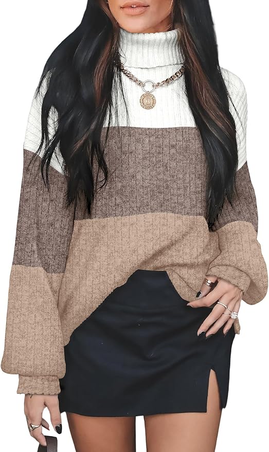 OFEEFAN Turtlenecks Tops for Women Oversized Sweaters Fall Outfits 2025 Plus Size Clothes Long Sleeve Shirts Color Block