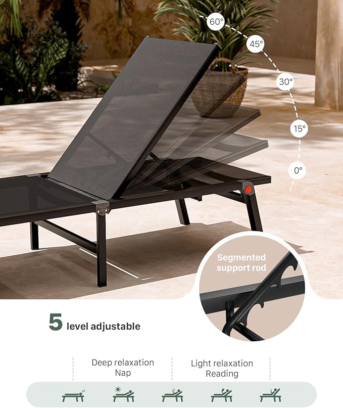 Aluminum Chaise Foldable Patio Lounge Chair Outdoor, Metal Deck Lounger Adjustable 5-Position Recliner Pool Chase Breathable Full Flat Outside Sun Tanning Chairs for Beach/Poolside/Lawn(Black, 1 Pack)