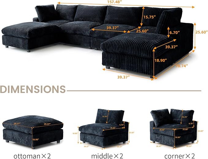 WJShome Cloud Couch Modular Sectional Sofa,157" Oversized U Shaped Couch with Ottoman,6 Seater Convertible Sofa,Comfy Plush Couches for Living Room,Covers Washable&Replaceable (Black)