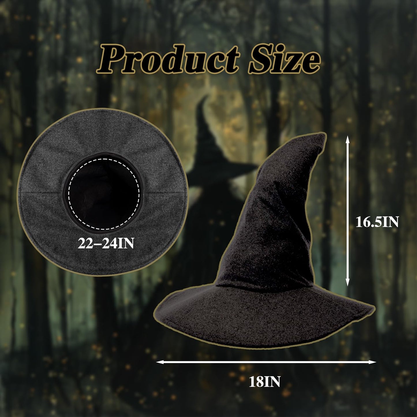 gagift world Witch Hat, 18IN Wizard Hat for Adults and Teens Novelty Cosplay Accessories for Halloween Costume Party Christmas Masquerade Carnivals (Black)