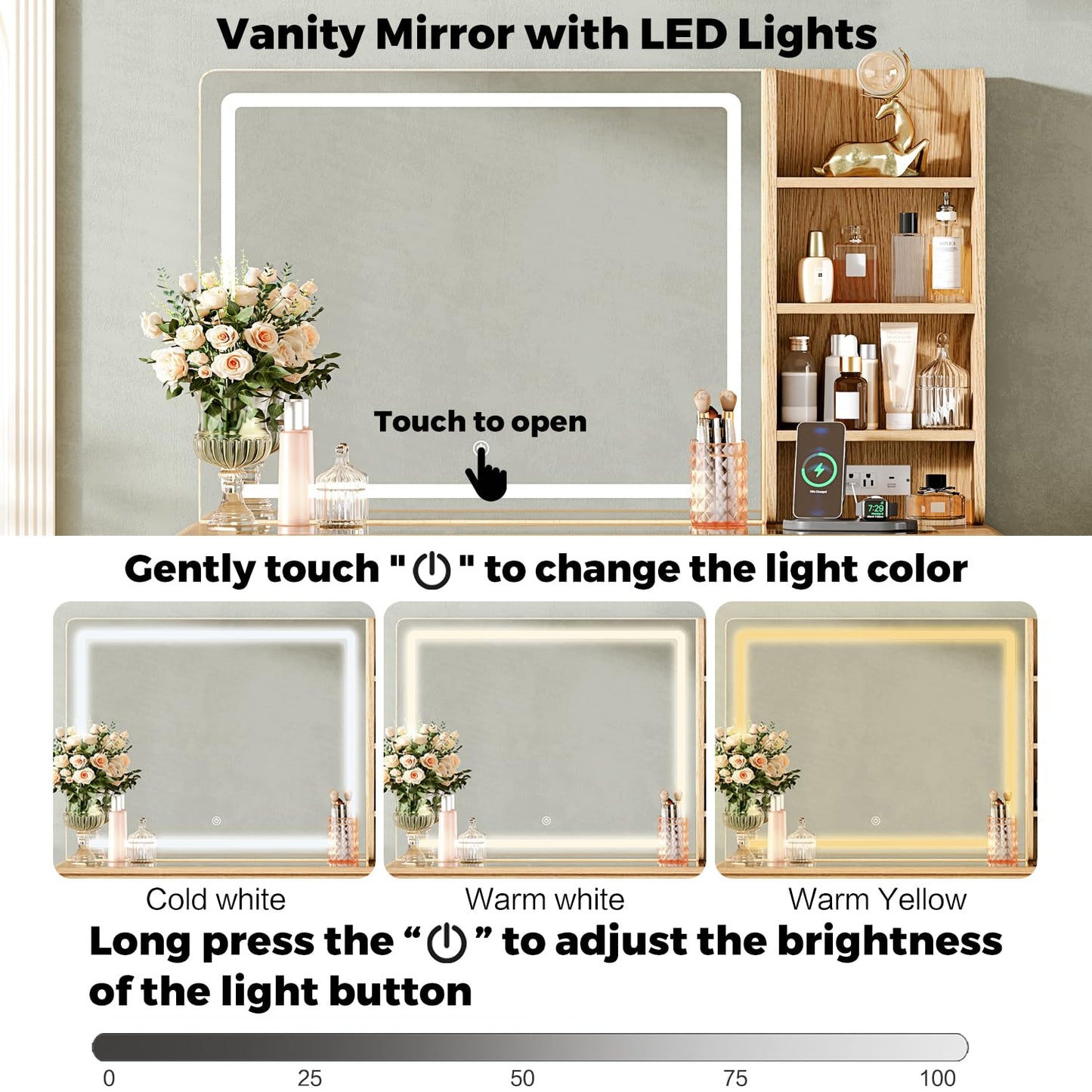 47“Makeup Vanity Desk with Mirror and Lights, Vanity Desk with 7 Drawers & Storage Shelves, Vanity Table with Power Outlet, 3 Color Modes & Adjustable Brightness Dressing Table, Bedroom,Wood