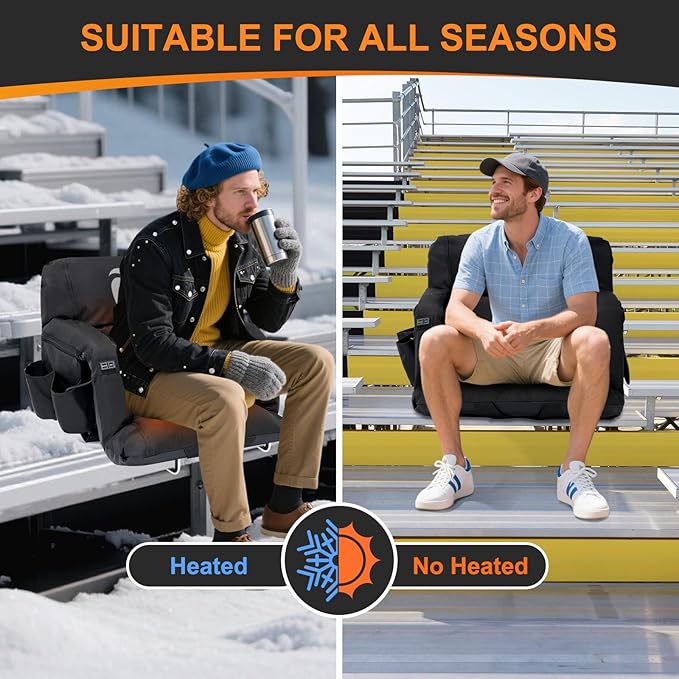 NAIZEA Wide Heated Stadium Seat for Bleachers w/Back Support & Cushion, Portable Bleacher Seats Foldable Stadium Chair with Armrests for Sports Events, Outdoor, Camping, Hiking-No Power Bank