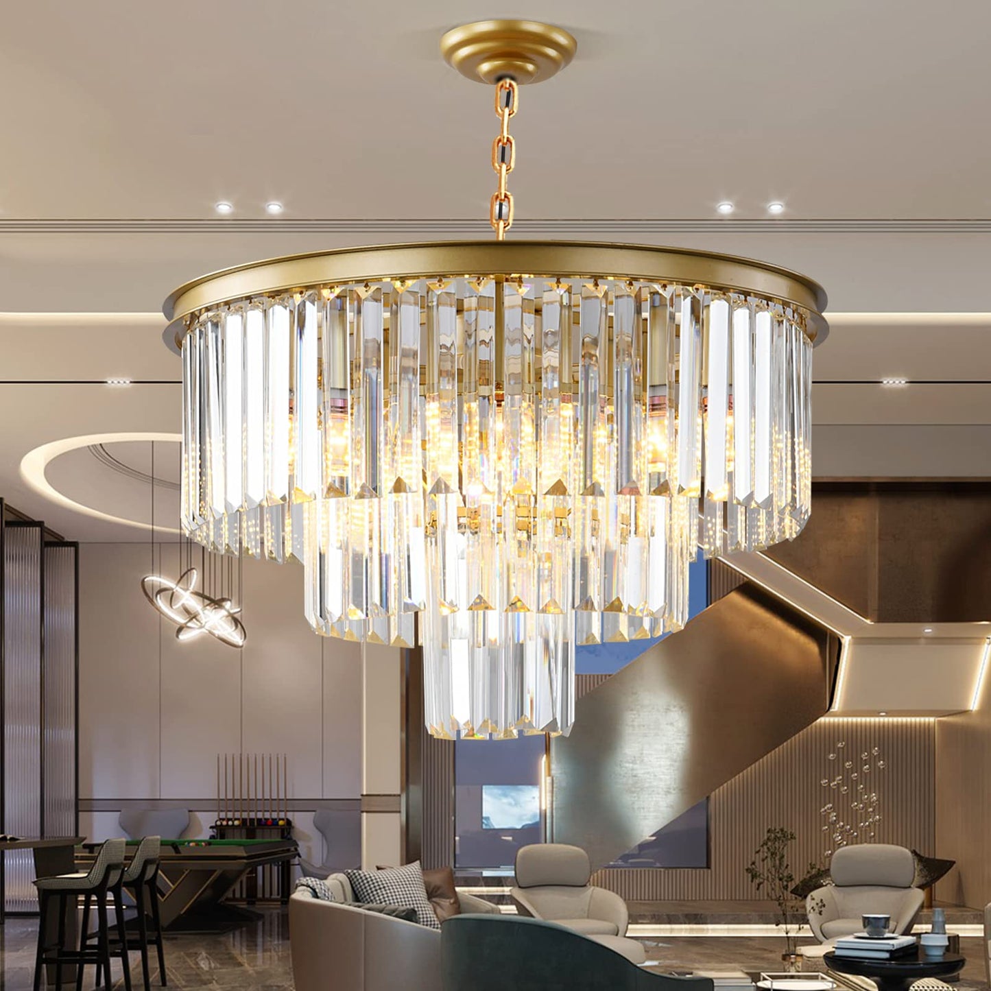 Laiuetai Gold Modern Crystal Chandelier, 3-Tier Round Flush Mount Ceiling Light Fixtures Height Adjustable Pendant Lighting for Dining Room Living Room Bedroom Kitchen Hotel Foyer