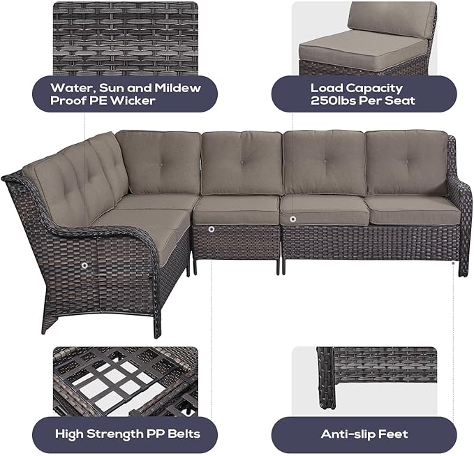 Belord Outdoor Furniture Sectional Sofa L Shaped Couch - Patio Wicker Set with 2 Swivel Glider Chairs, 8 Piece Rattan Patio Conversation Sets with Gray Cushion for Deck Backyard Sunroom Grey Cushion