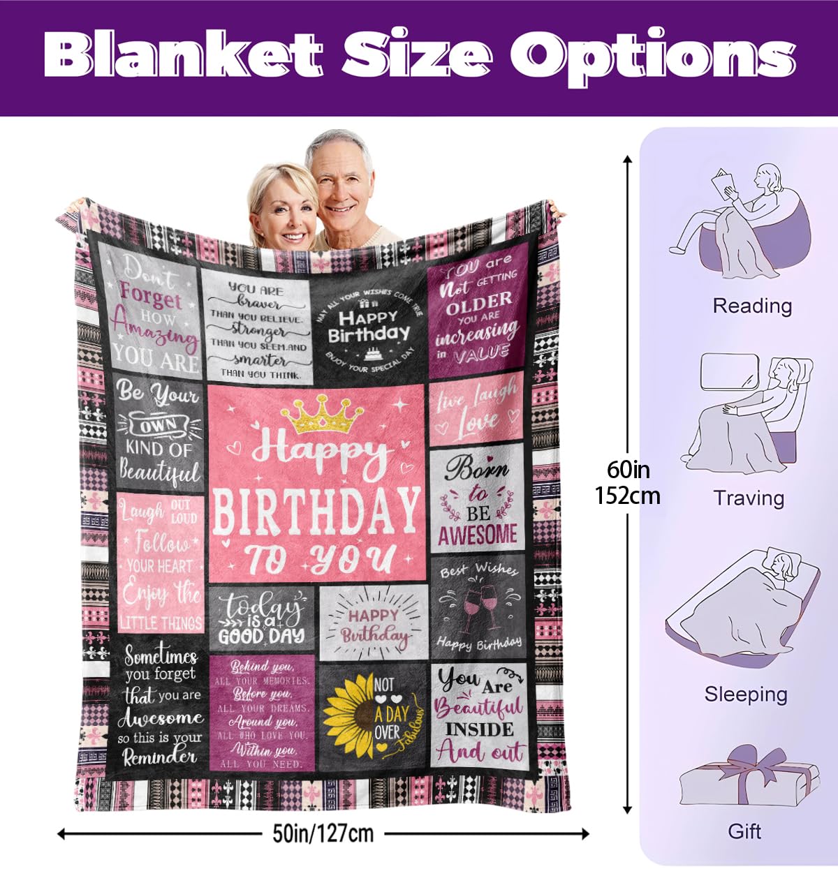 Keveloya Birthday Gifts for Women Girls Throw Blanket 60"X50", Happy Birthday Decorations Blanket, Unique Happy Birthday for Women, Womens Birthday Gift Ideas for Her Friend Mom Sister Grandma Wife