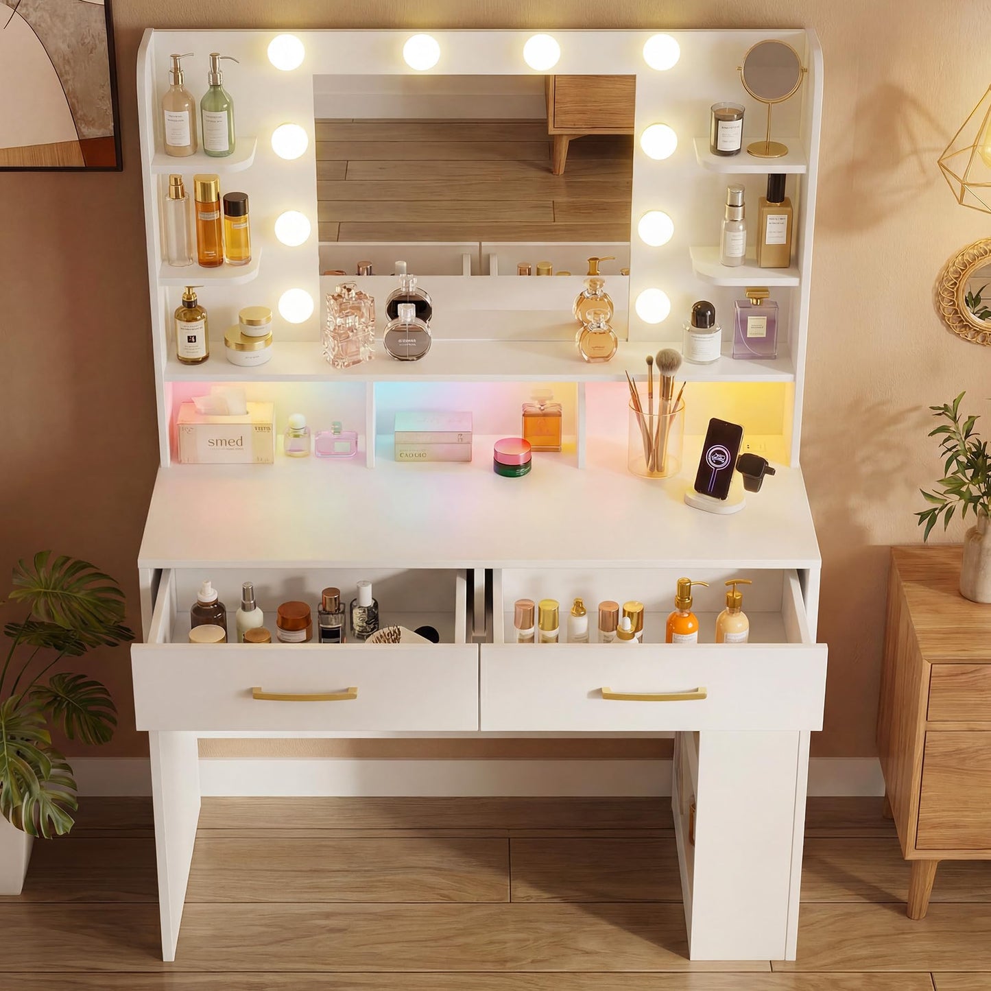 LUCKRACER Vanity Desk with LED Lights Mirror & Charging Station, Makeup Vanity with Storage Drawers and Shelves, Modern Dressing Table for Women Girls Bedroom, Ivory White