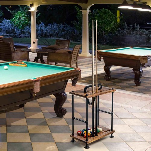 MyGift Rustic Burnt Solid Wood Pool Cue Stick Holder, Ball Holder, and Triangle Rack Hook Organizer Stand with Industrial Black Metal Pipe Frame, Freestanding Billiard Equipment All-in-One Storage