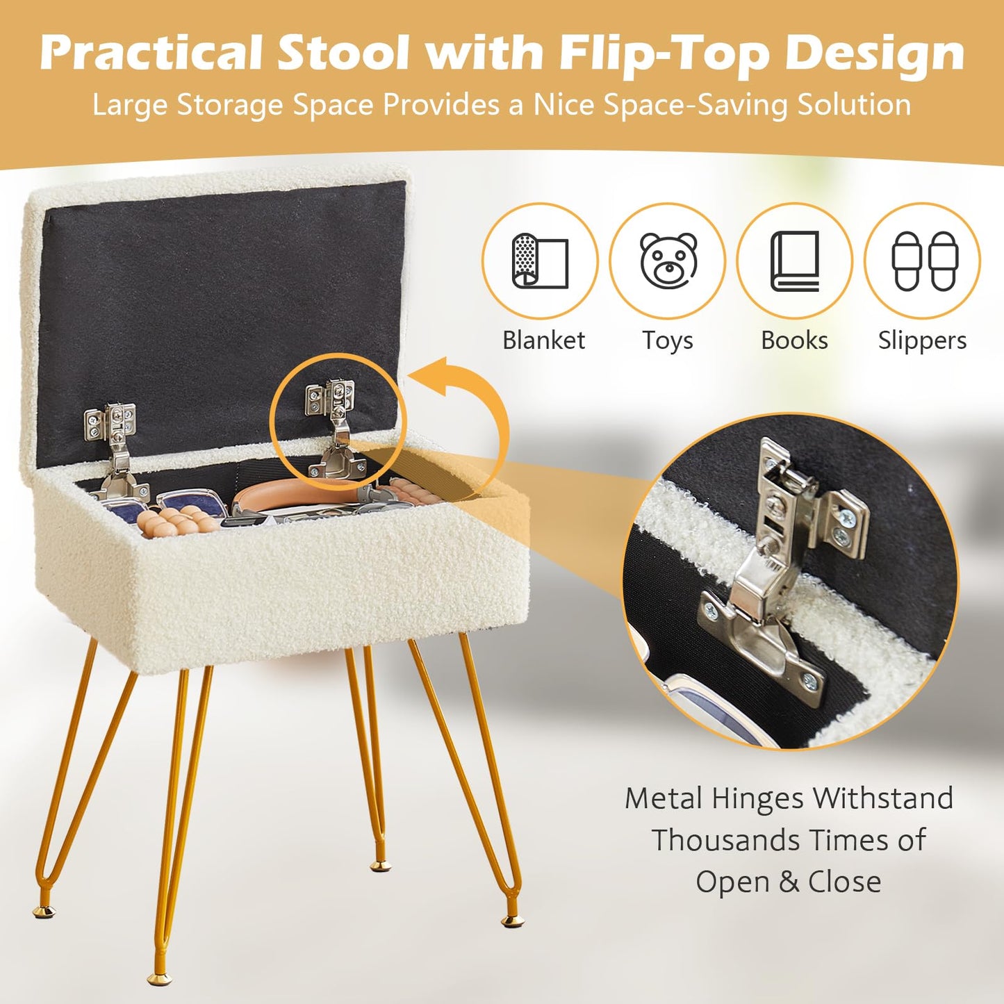 Alessing Vanity Stool Chair Ottoman with Storage, Sherpa Vanity Chair for Makeup Room, Rectangle Vanity Stools with Metal Legs, Soft Makeup Stool Footrest Footstools for Bedroom Living Room, White