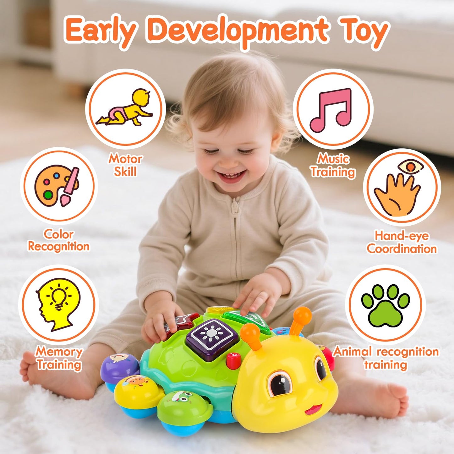 AUUGUU Musical Baby Toys, Infant Light up Music Toys Tummy Time Development, Crawling Toy for 6 7 8 9 10 11 12+ Month Old, Christmas Birthday Gifts for Babies