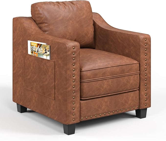 FiveWillowise Faux Leather Accent Chair Set of 2 for Living Room, 30 Inches Barrel Upholstered Armchair, Cozy Mid Century Modern Club Arm Chair Single Sofa for Bedroom, Apartment, Reading Room, Brown