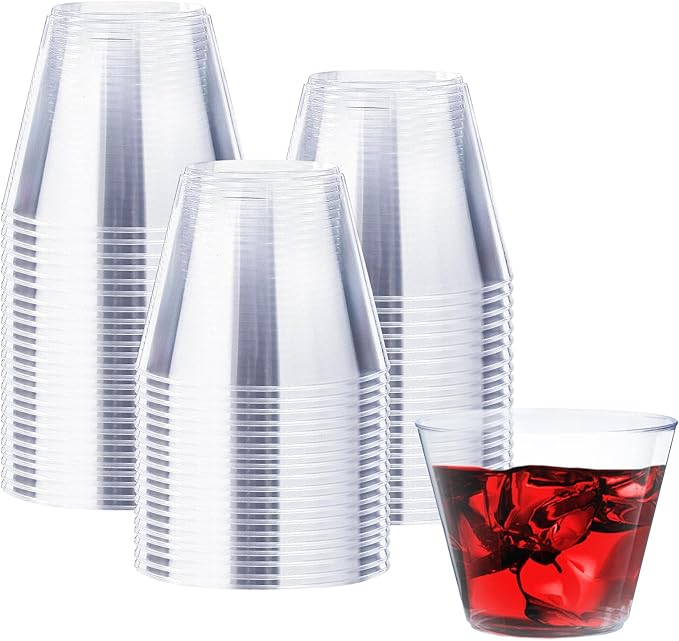 Clawsoff 9 oz Clear Plastic Cups, 100 Pack Disposable Fancy Cup for Wedding, Cocktail Cups 9 Ounce, Bulk Clear Plastic Tum...