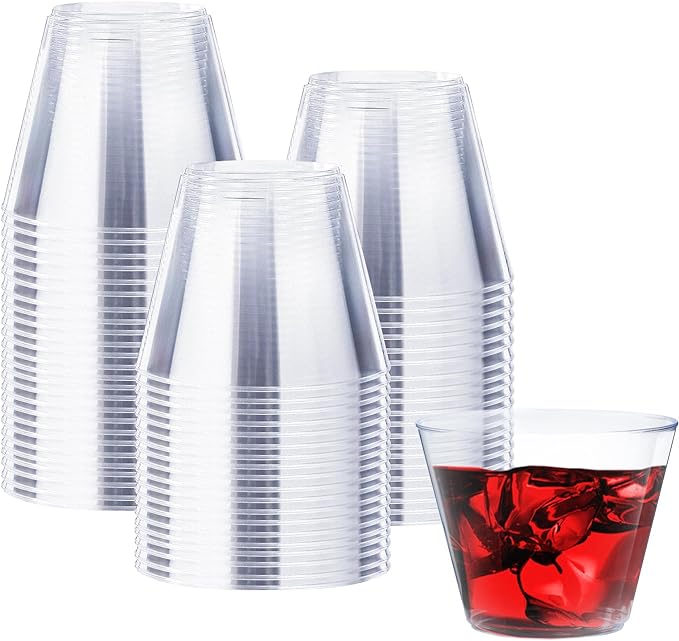 Clawsoff 9 oz Clear Plastic Cups, 100 Pack Disposable Fancy Cup for Wedding, Cocktail Cups 9 Ounce, Bulk Clear Plastic Tum...