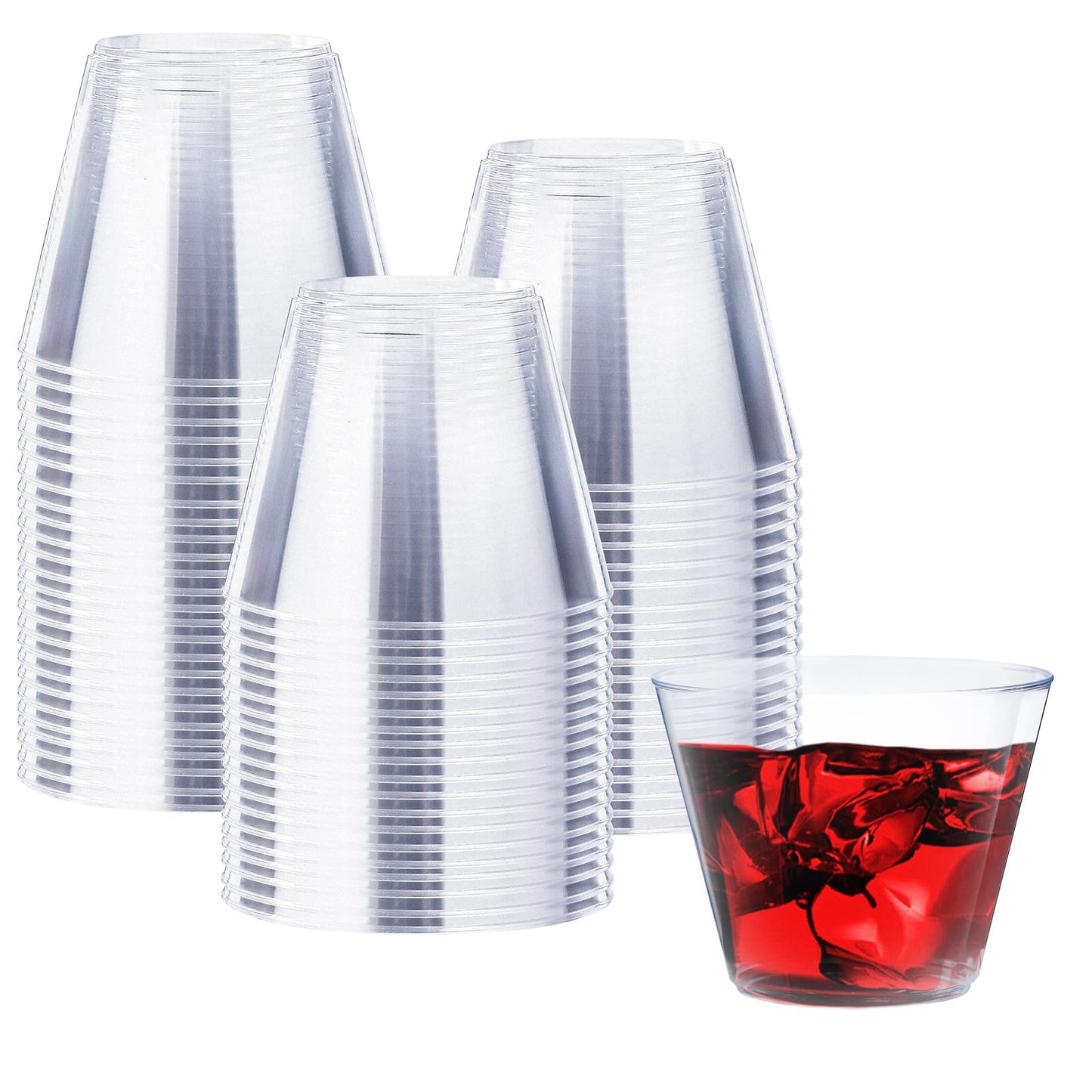 Clawsoff 9 oz Clear Plastic Cups, 100 Pack Disposable Fancy Cup for Wedding, Cocktail Cups 9 Ounce, Bulk Clear Plastic Tumblers for Iced Coffee, Cold Beverage