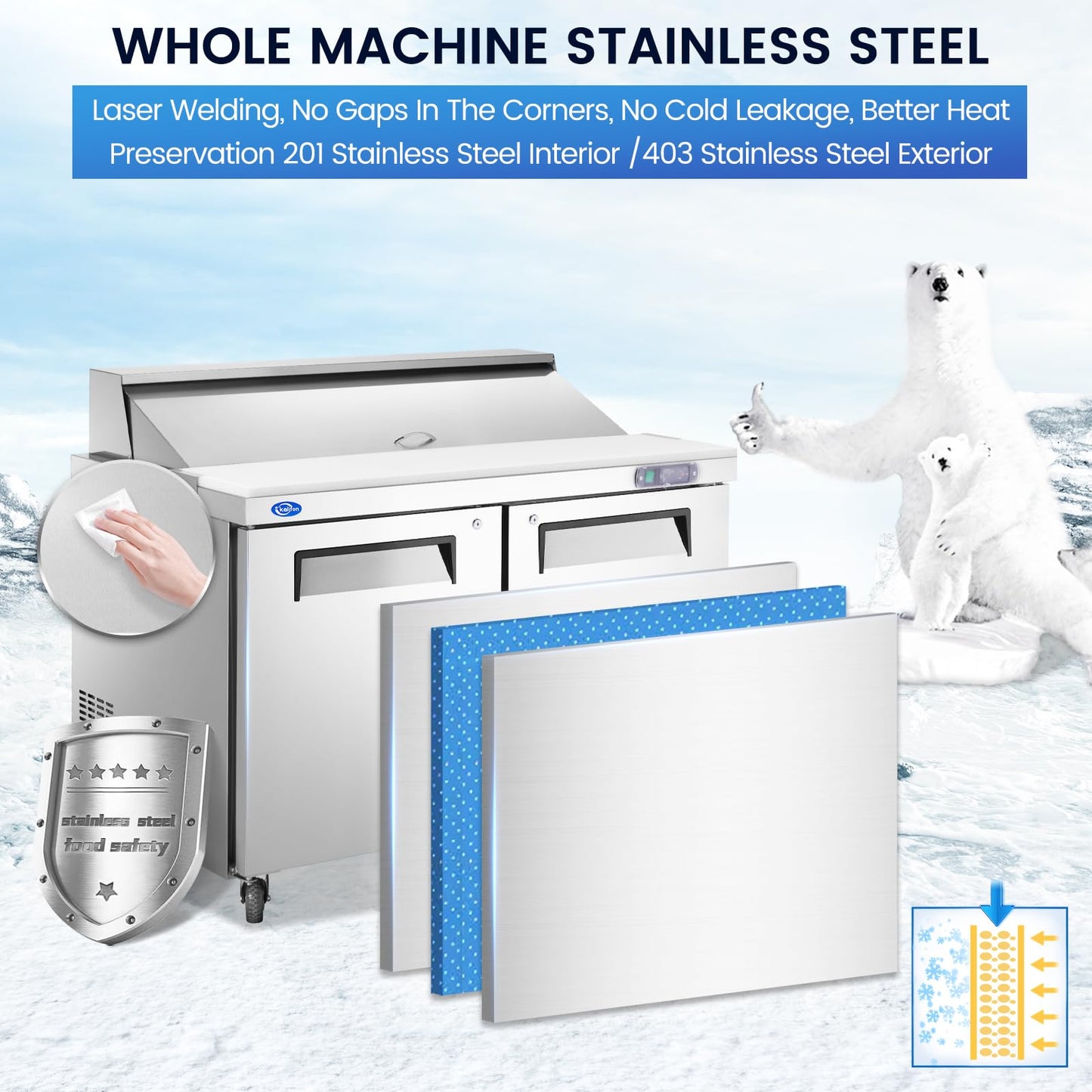 kalifon 48" W 2 Door Refrigerator Sandwich Salad Prep Table Commercial Stainless Steel Fan Cooling Refrigerator with Cutting Board, 2 Shelves & 12 Pans for Restaurant, Bar, Shop-12.9 Cu.ft