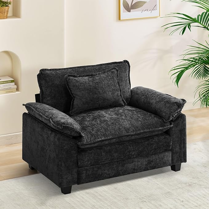 Oprisen Modular Sectional Sofa, Comfy Cloud Couch Sectional Sofa, Chenille Sofa Sleeper Deep Seat Sofa with Throw Pillows for Living Room (Black, 53"- Single Seat)