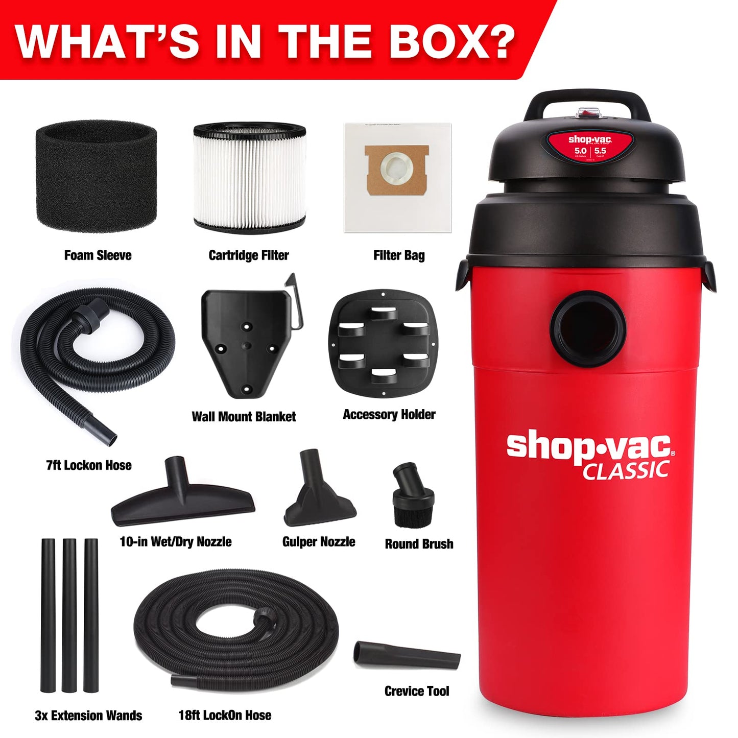 Shop-Vac 5 Gallon 5.5 Peak HP Wet/Dry Vacuum, Wall Mountable Compact Shop Vacuum with 18+7Ft Long Hose & Attachments, Ideal for Jobsite, Garage, Car & Workshop. 9522236