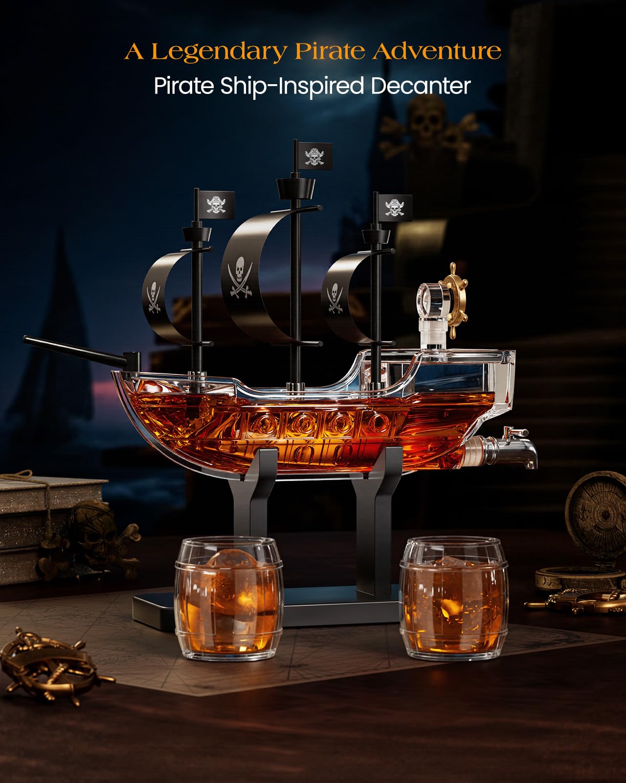 Kollea Birthday Gifts for Men Dad, Pirate Ship Whiskey Decanter Set with 2 Glasses, Liquor Dispenser for Home Bar, Funny Gift Ideas for Him, Husband, Father, Boyfriend, Anniversary, Sailor & Captain