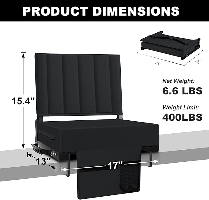 Aliphon Stadium Seat for Bleachers with Back Support and Cushion, Bleacher Seats with Shoulder Strap and Cup Holder, Padded Portable Folding Comfort Stadium Chair, for Sports Events, Black (1pcs)