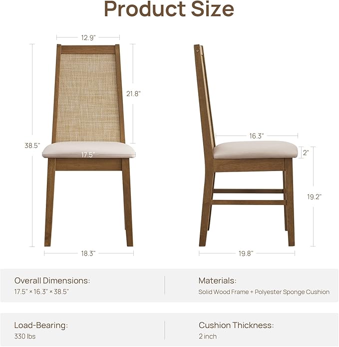 SICOTAS Wood Dining Chairs Set of 2 - Rattan Dining Room Chairs with Solid Wood Leg, Farmhouse Upholstered Kitchen Chairs High Back, Modern Armless Dining Chair for Dining Room, Kitchen, Oak, 2PCS