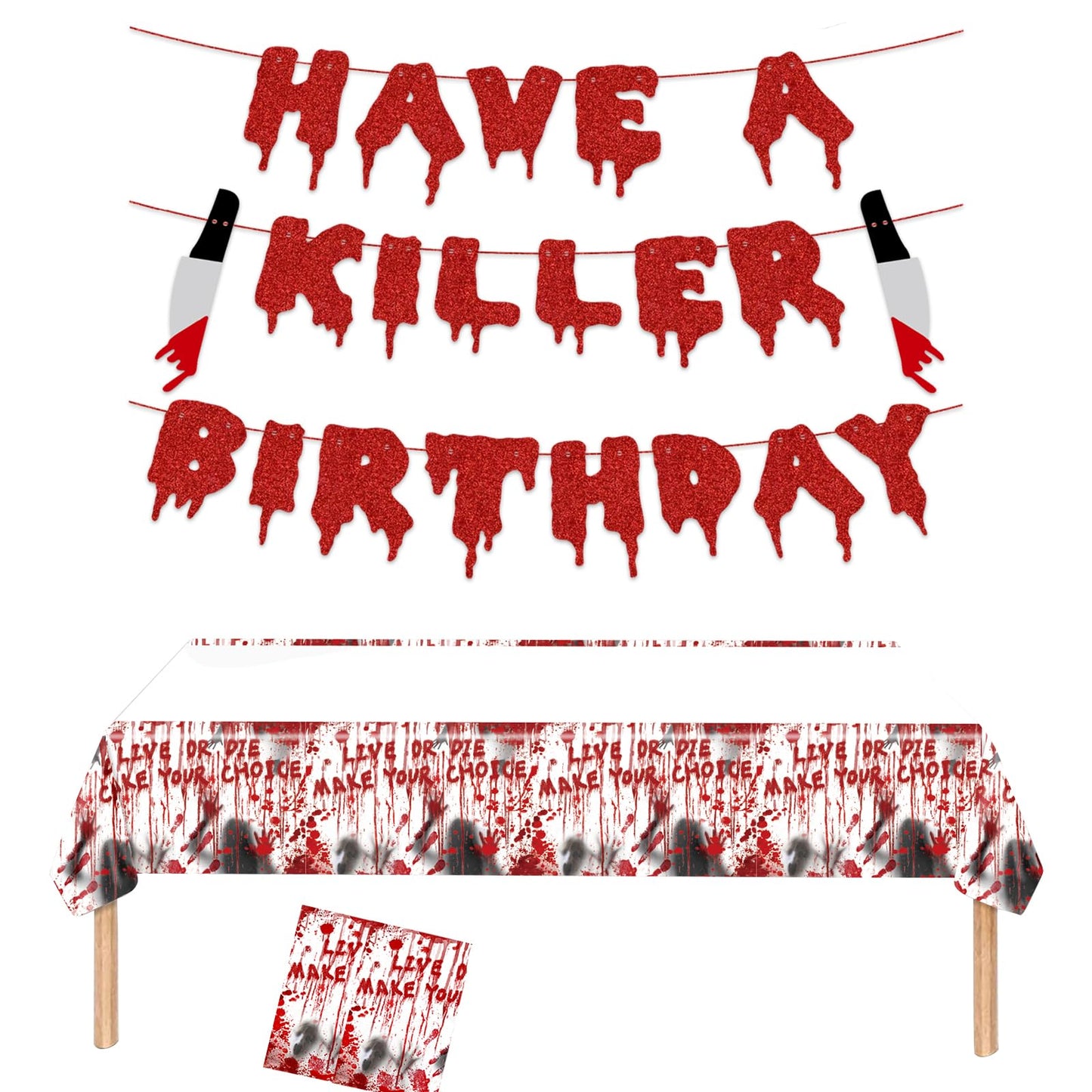Cracoo Have a Killer Birthday Party Banner Disposable Tablecloth for Halloween Birthday Halloween Bloody Horror Movie (Red)