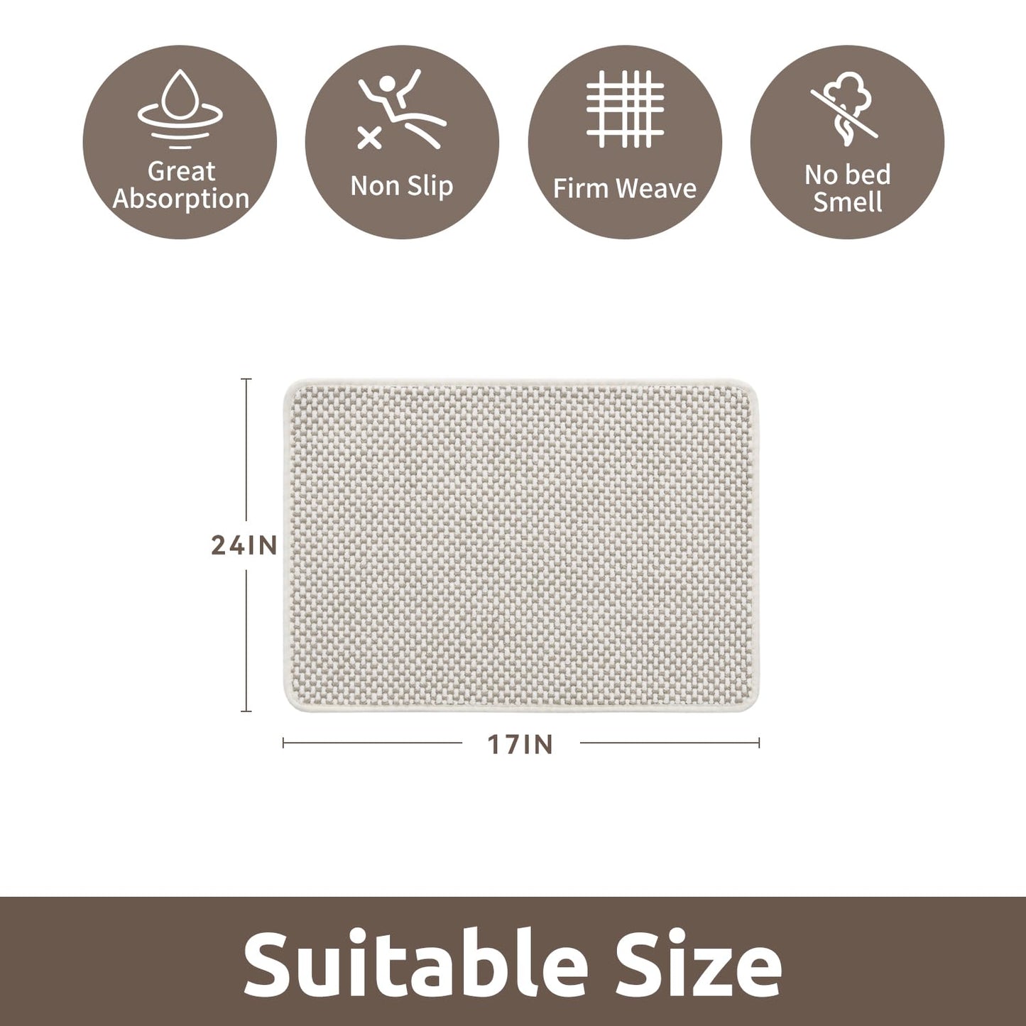 AMOAMI Chenille Bath Mat Super Absorbent Bathroom Mat Quick Dry Bath Mats for Bathroom Rubber Backed, Beige& White, 17"x24"