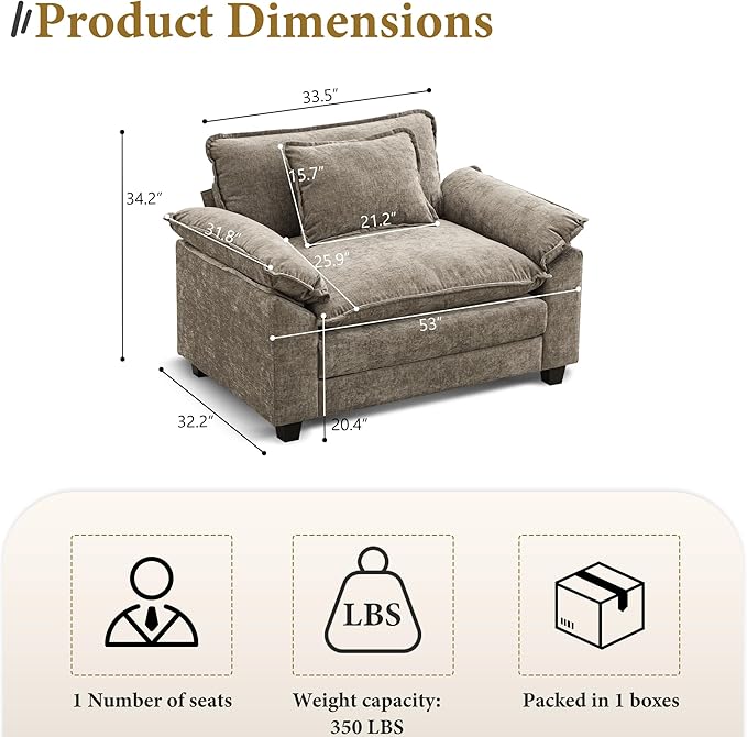 URRED Modular Sectional Sofa Comfy Cloud Couch, Modern Chenille Sofa Sleeper Deep Seat Couches with Ottoman/Pillows for Living Room (Khaki, 53'')