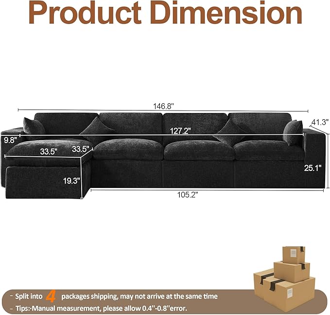 155''Cloud Boneless Sectional Couch, Modular Sectional Sofa Deep Seat with Ottoman, Oversized Upholstered Convertible Comfy 5 Seater Chenille Sofa L Shape Couches for Living Room, Dark